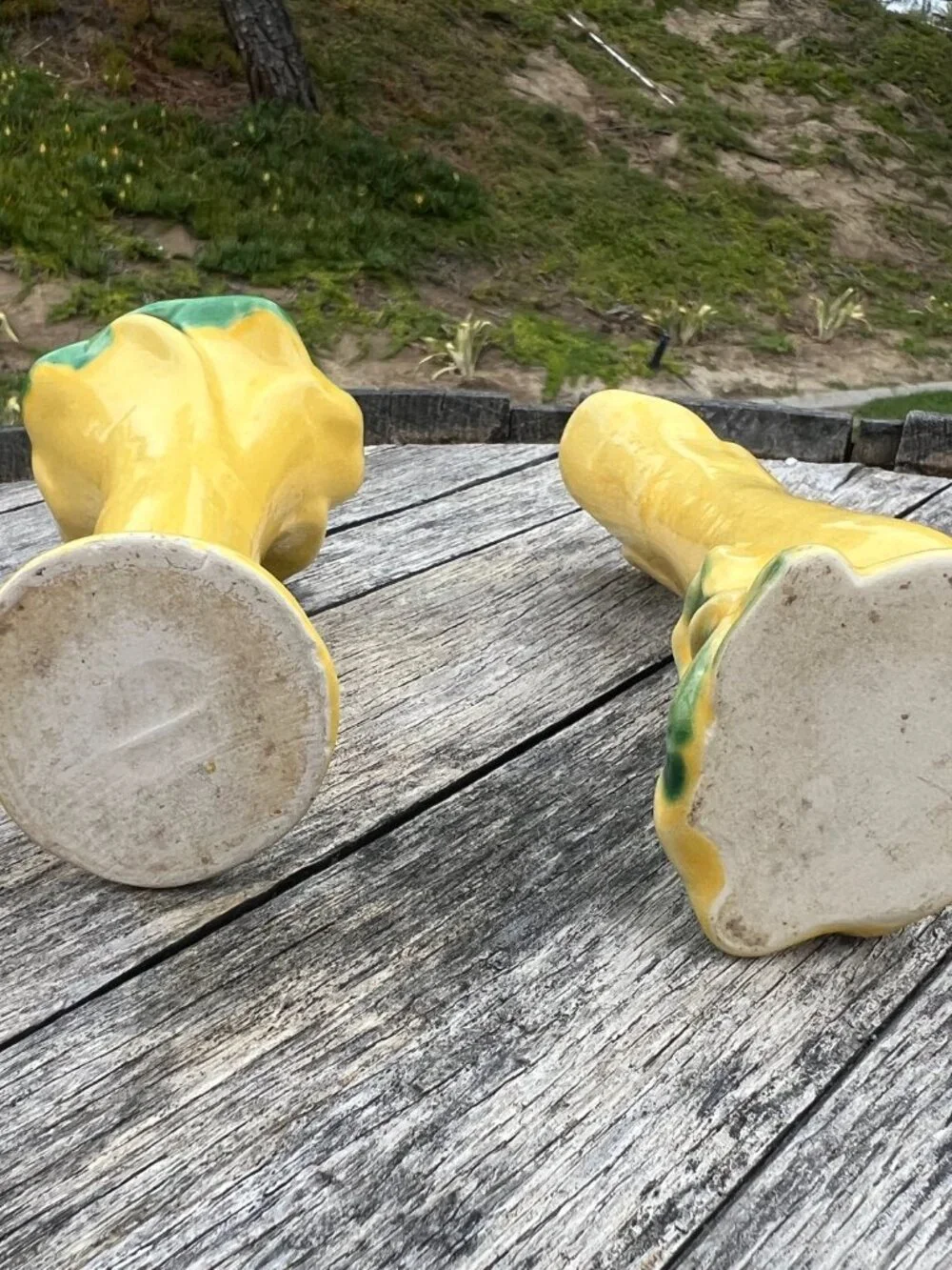 Pair of Vintage Yellow & Green Pottery Bud Vases | Cottage Floral Decor - Picture 9 of 10
